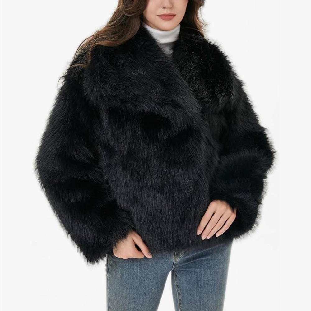 Elegant Black Faux Fur Coat women collared jacket - Picture 7 of 7